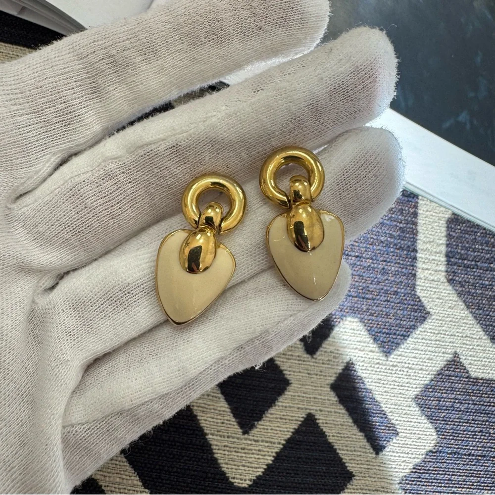 Vintage Givenchy Heart Drop Earrings Gold Tone Cream Enamel Signed